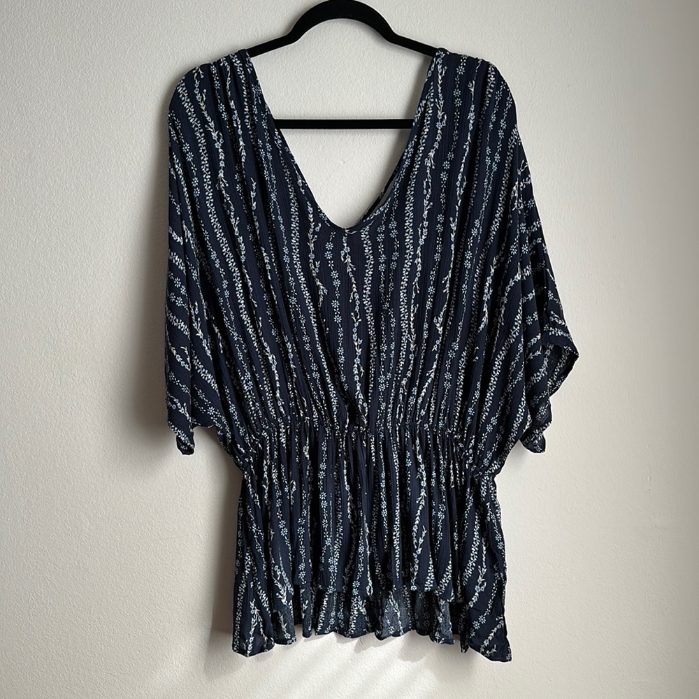 Boho Floral V-Neck Cinched Waist Navy Flowy Blouse Top Women’s 1XL White Birch